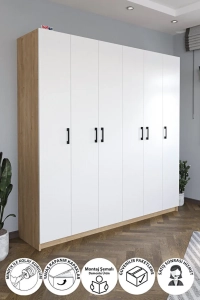 6 Kapaklı 16 Raflı Gardırop Elbise Dolabı 6 Kapaklı Gardırop Smyrna Safir Meşe Beyaz